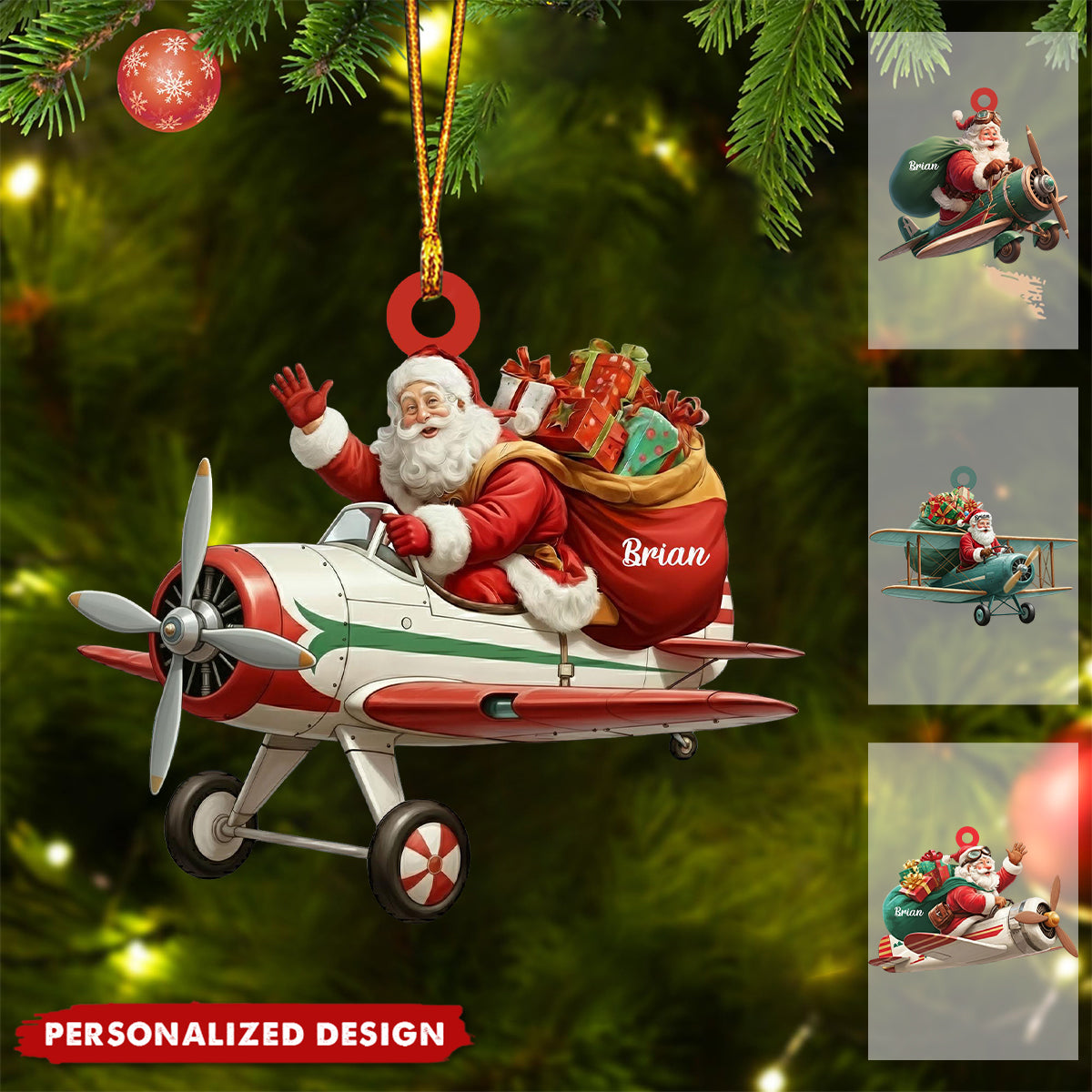 Personalized Santa Drives Airplane Christmas Ornament