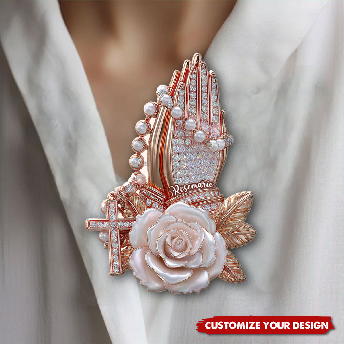 Praying Hands With Roses - Personalized Christian Pin