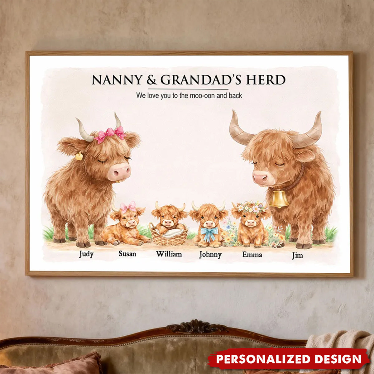 Nanny & Grandad's Herd Highland Cow Family-Personalised Poster-Gift for Grandma, Grandpa