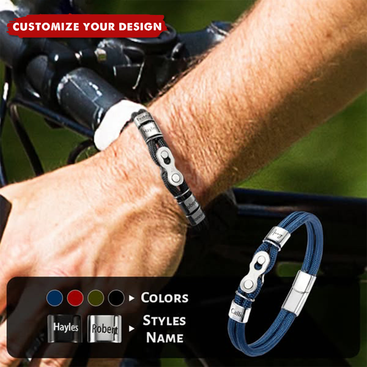 Personalized Bike Chain Bead Bracelet with Engraved Family Name Birthday Father's Day Gift for Man