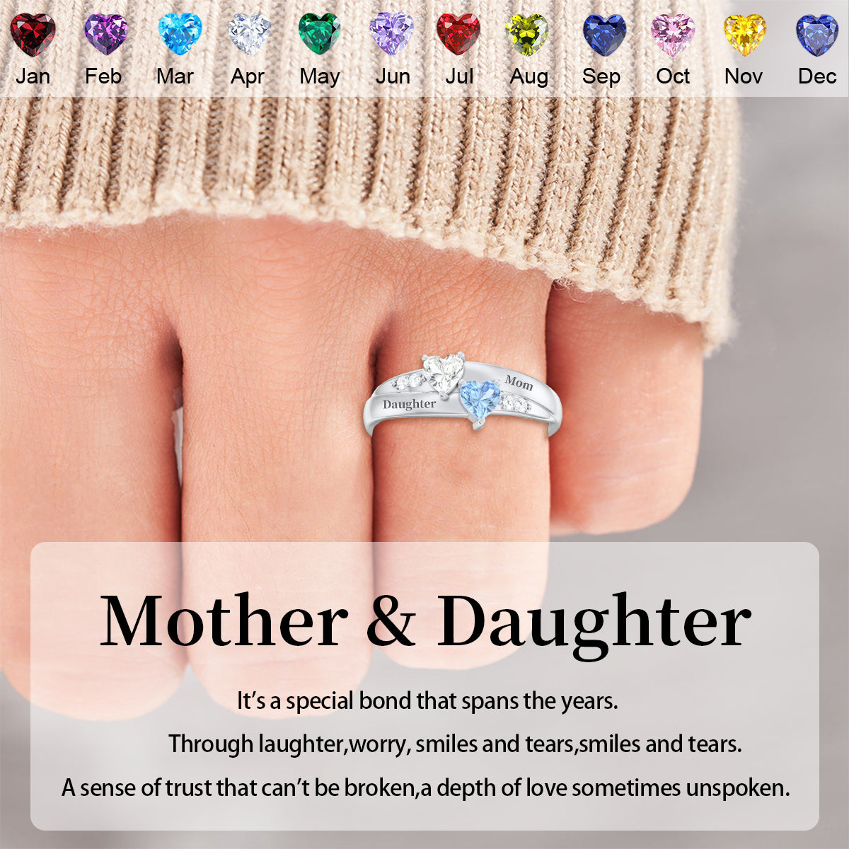 For My Family-Double Heart Gemstone Ring