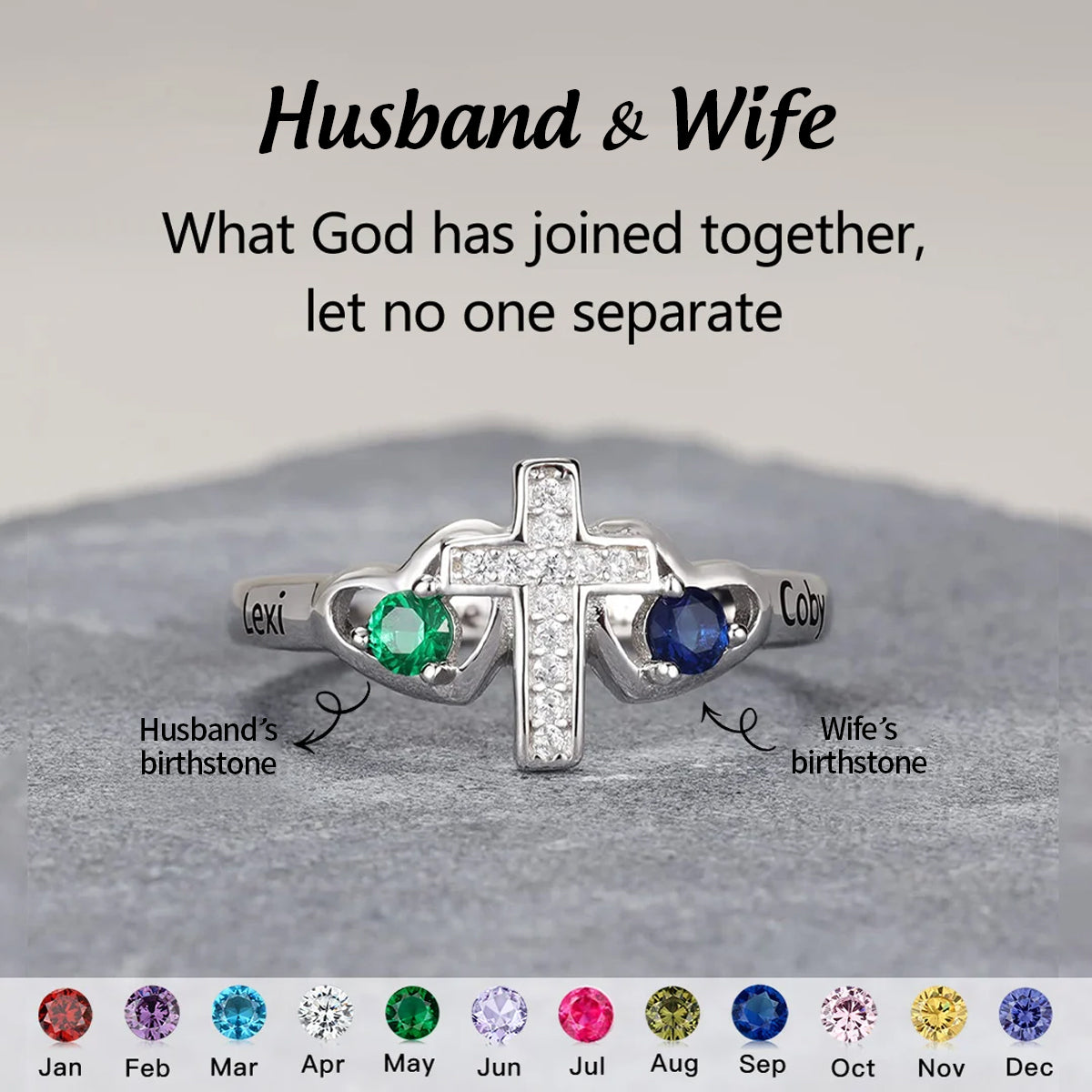 For Love-Husband & Wife Custom Names & Birthstones Cross Ring