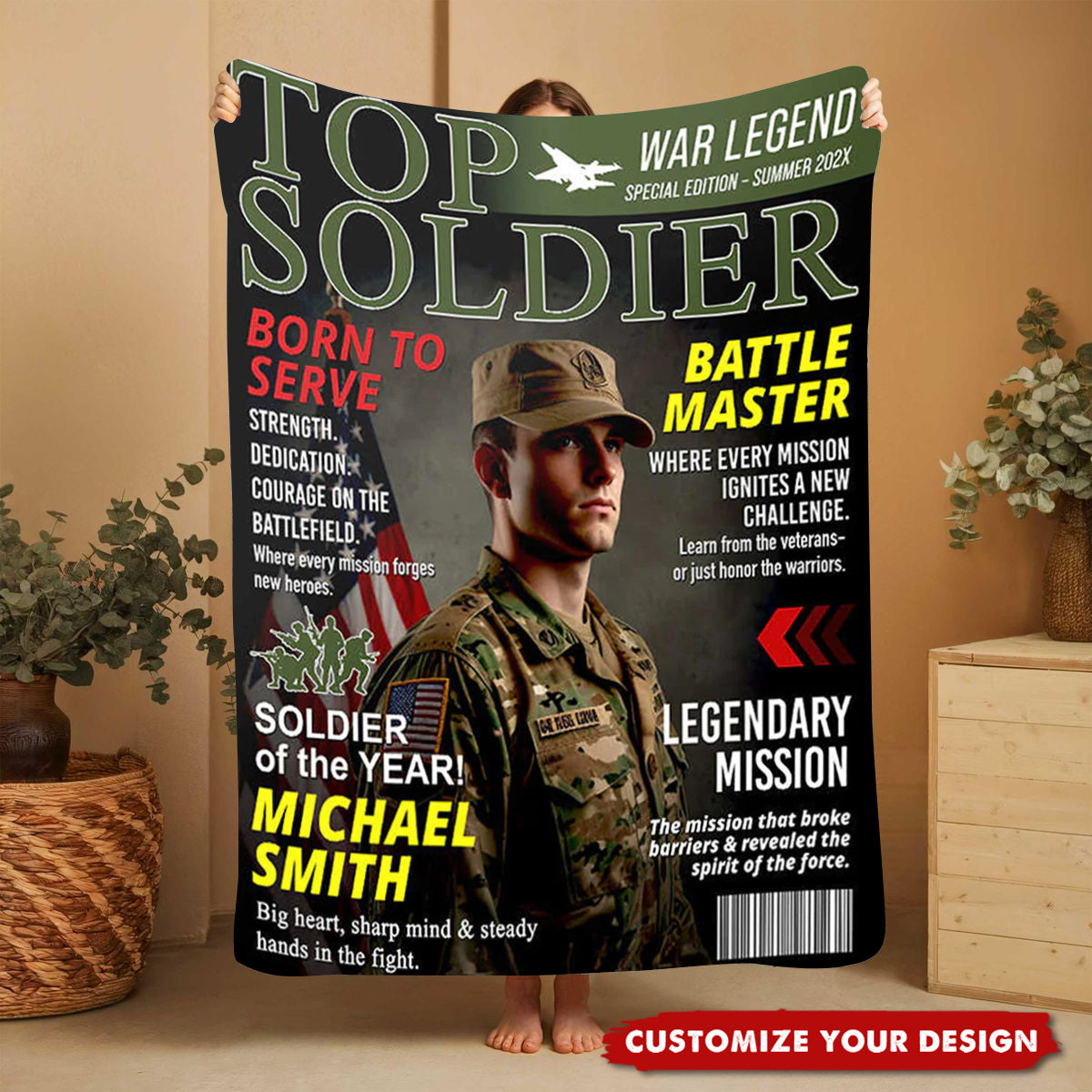 Personalized Army Gifts Soldier Custom Magazine Cover Blanket, Army Retirement Gift for Navy Marine Air Force