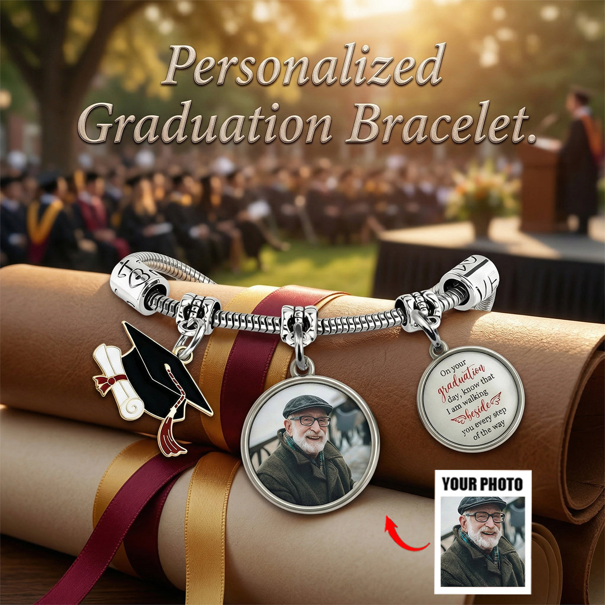 Graduation Walking Beside You Every Step - Personalized Memorial Bracelet With Photo Charms