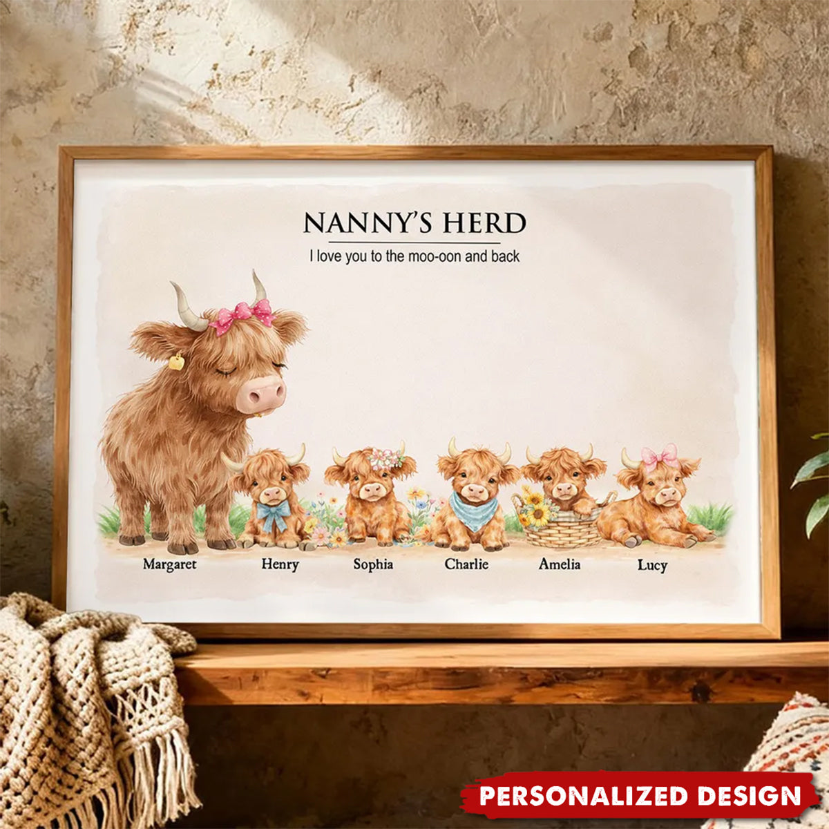 Nanny & Grandad's Herd Highland Cow Family-Personalised Poster-Gift for Grandma, Grandpa