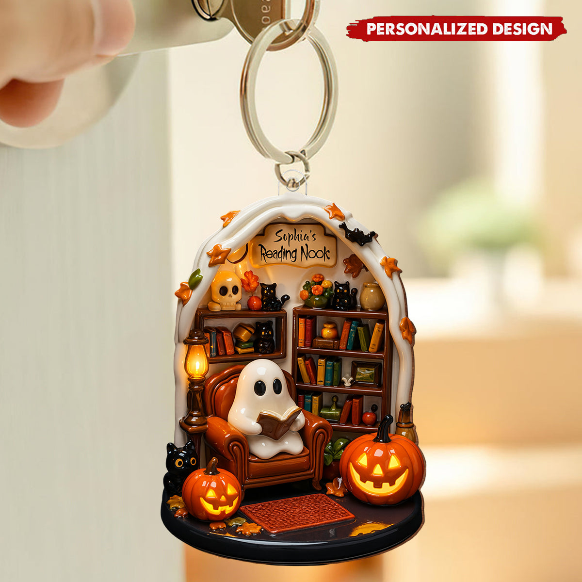 Create Your Own Personalized Reading Nook With Ghost and Pumpkin,Custom Keychain,Gift For Book and Halloween Lovers