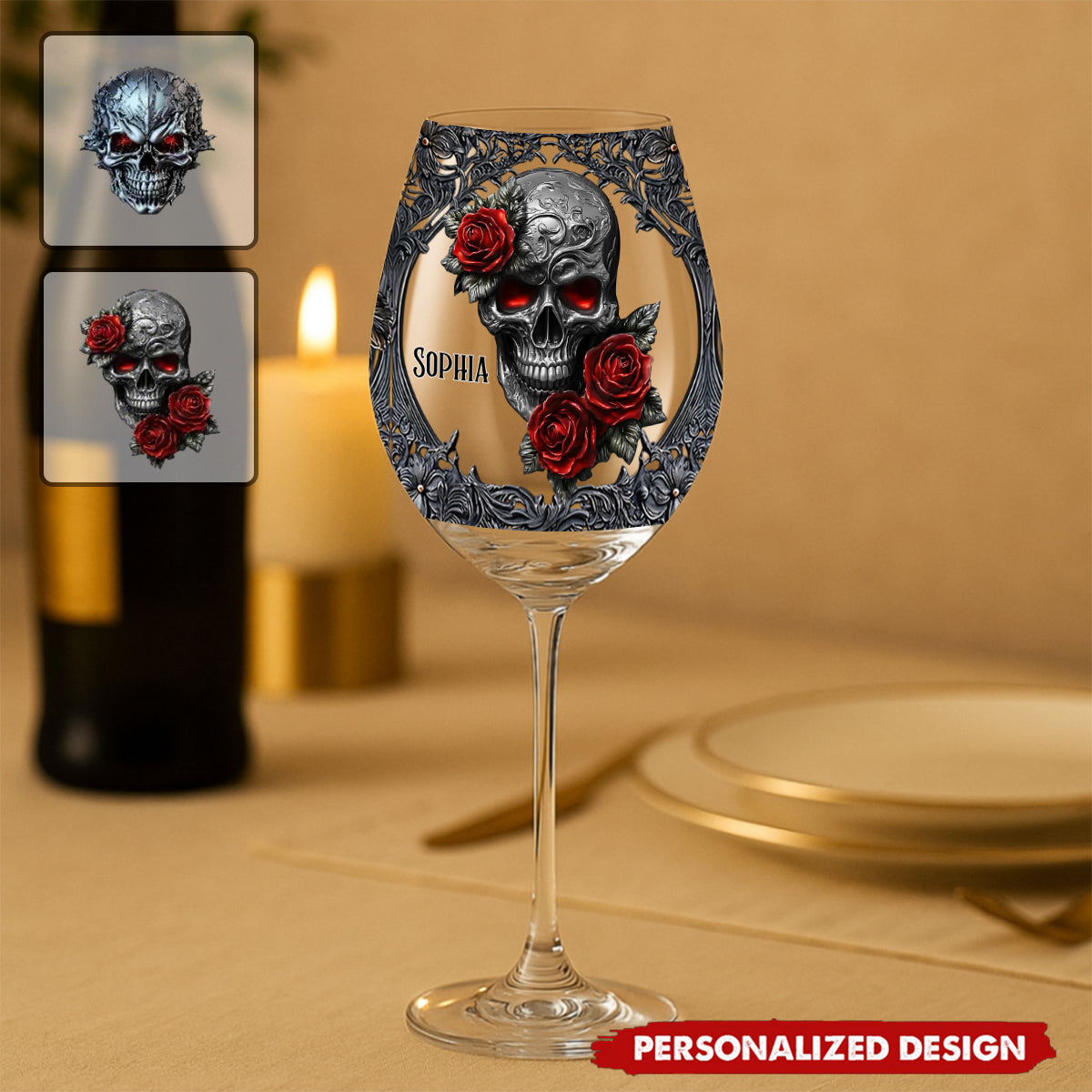 Hello Darkness - Couple Gift - Personalized Skull Wine Glass With Long Stem