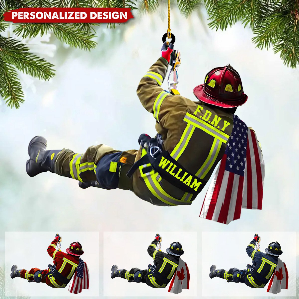 Personalized US/CA Firefighter Name & Department Car Hanging Ornament And Christmas Ornament