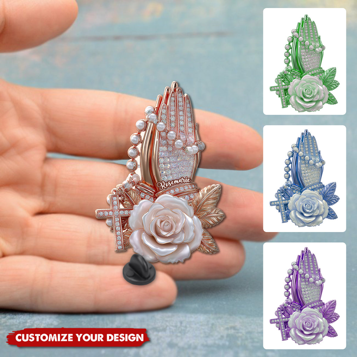 Praying Hands With Roses - Personalized Christian Pin