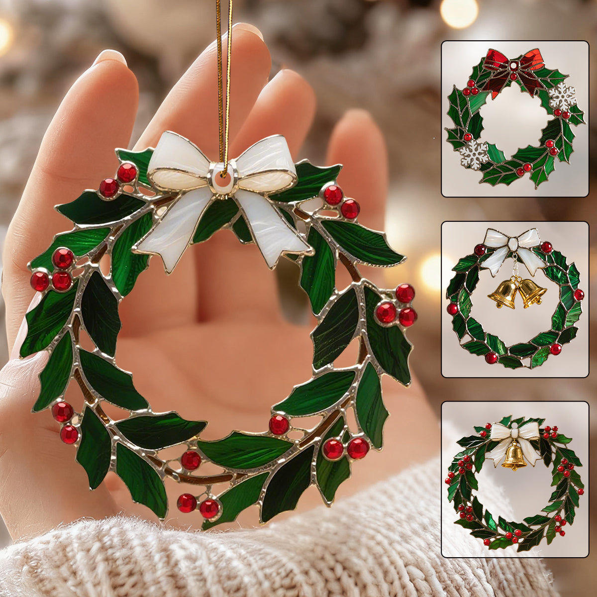 Christmas Stained Holly Wreath Ornament