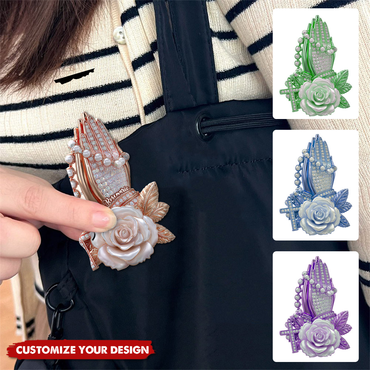 Praying Hands With Roses - Personalized Christian Pin