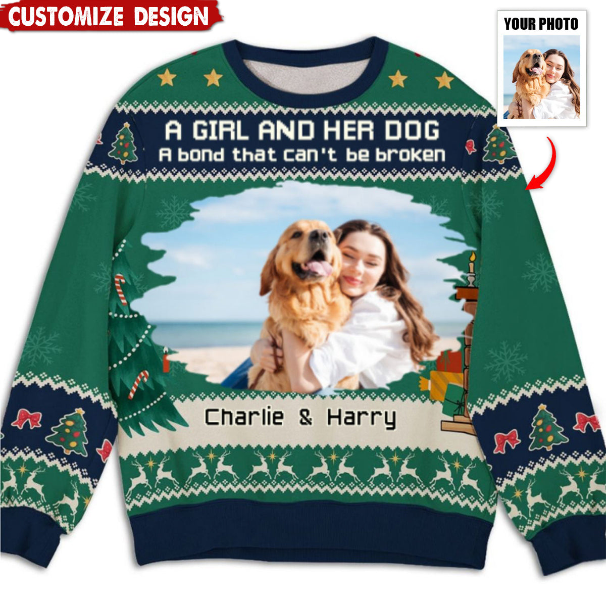 A Man/Girl And His Dog Christmas Photo - Personalized Custom All-Over-Print Sweatshirt