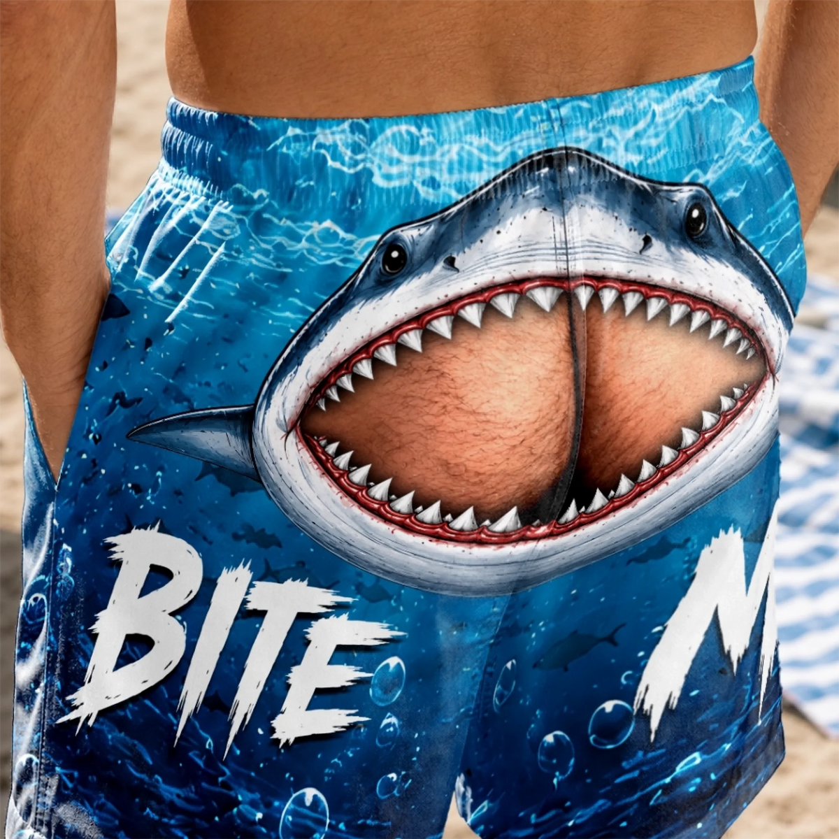 Personalized Funny Men Swim Trunks - Personalized Birthday Gifts For Husband, Son, Grandson, Brother, Grandpa, Dad, Yourself - Cheeky Shark Attack
