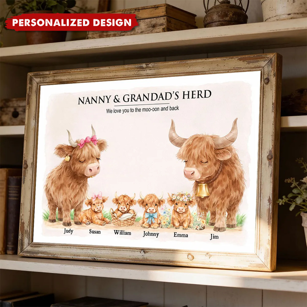Nanny & Grandad's Herd Highland Cow Family-Personalised Poster-Gift for Grandma, Grandpa