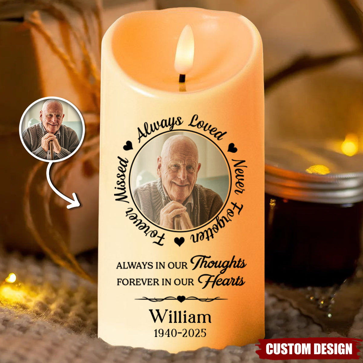 Always In Our Thoughts - Memorial Personalized LED Candle, Sympathy Gift For Family