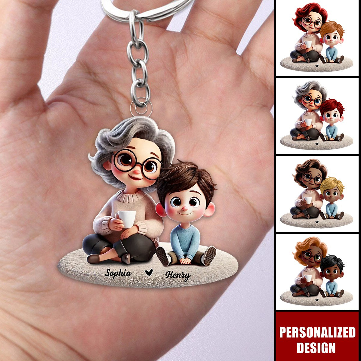 Happy Grandma & Grandkid Sitting-Personalized Keychain-Gift For Mom, For Grandma