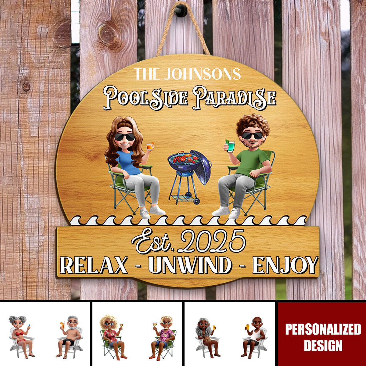 Couple Poolside Paradise Relax Enjoy 3D Effect - Personalized Shaped Wood Sign