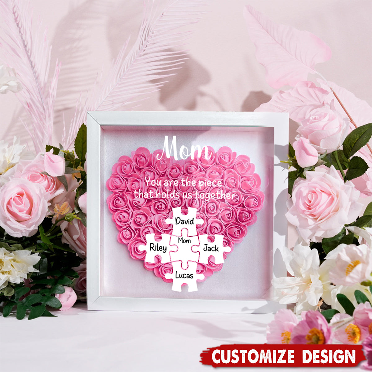 Personalized Mom Puzzle With Kids Names Heart Flower Shadow Box-Mother's Day Gift