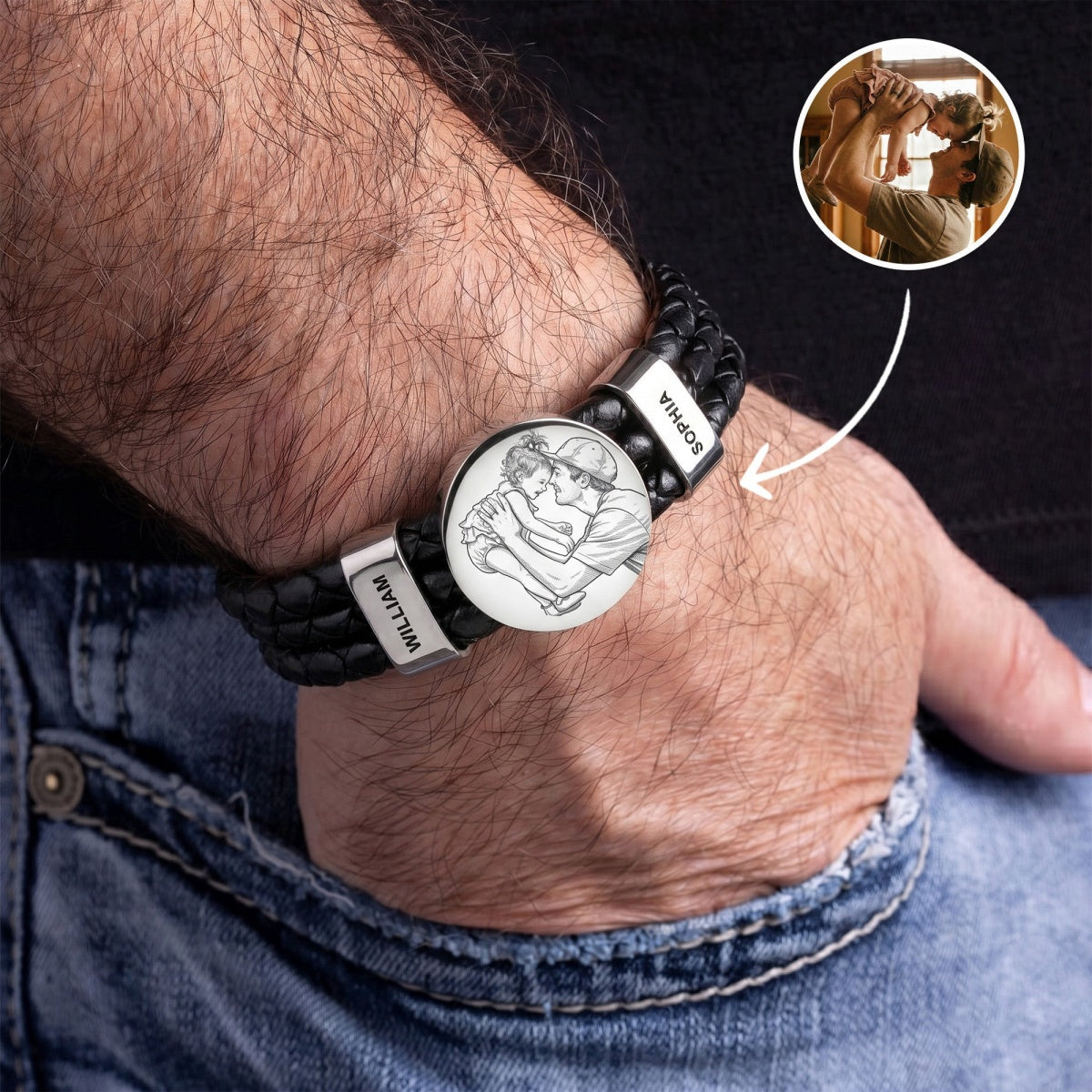 Leather Photo Men Bracelet with Name Beads - Personalized Gifts for Dad Grandpa