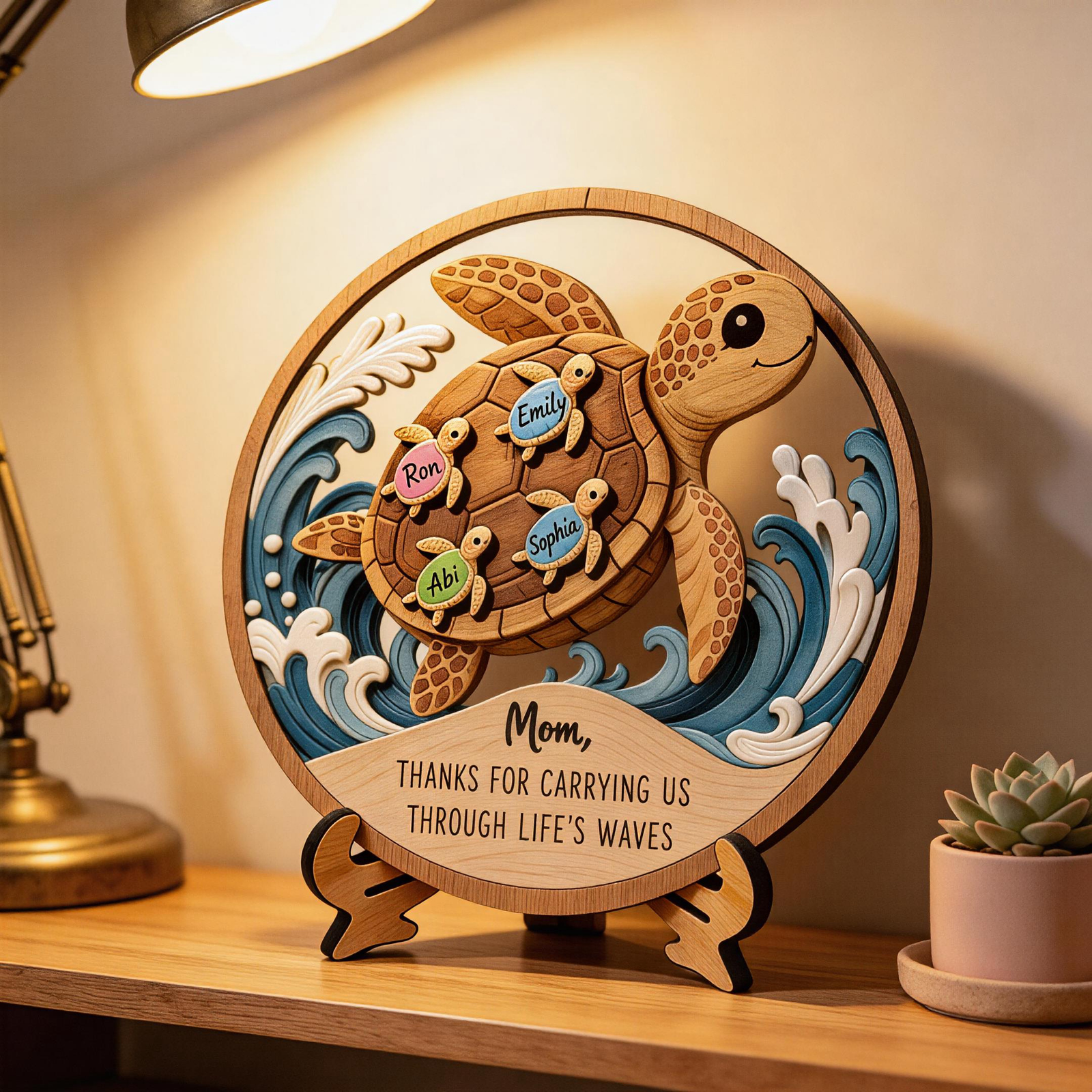 Personalized Wooden Sea Turtle Family Plaque, Unique Mom Gift, Turtle Lover Keepsake