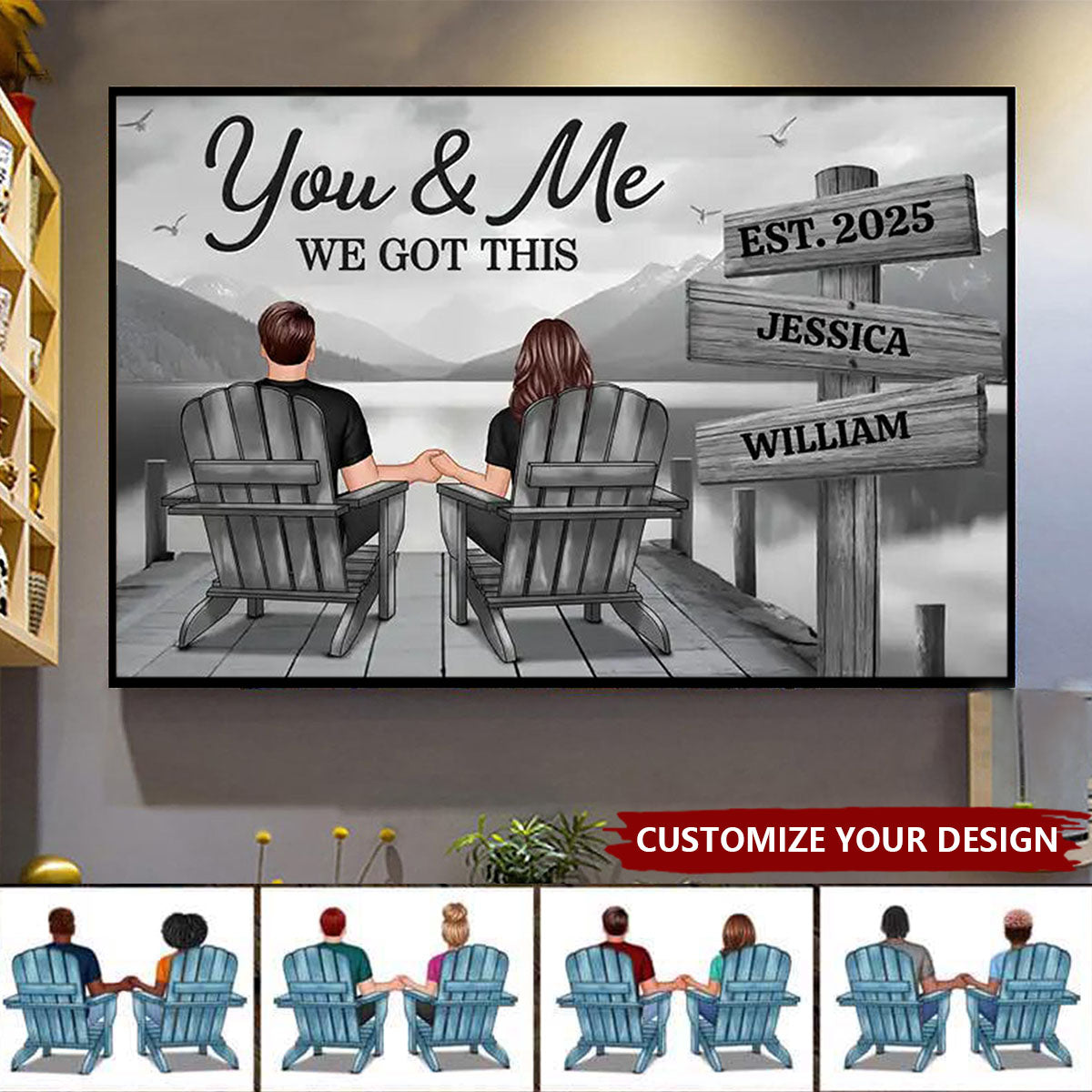 Personalized Seaside Poster Romantic Couple Back View Clear and Sturdy Love Memory Wall Décor Gift