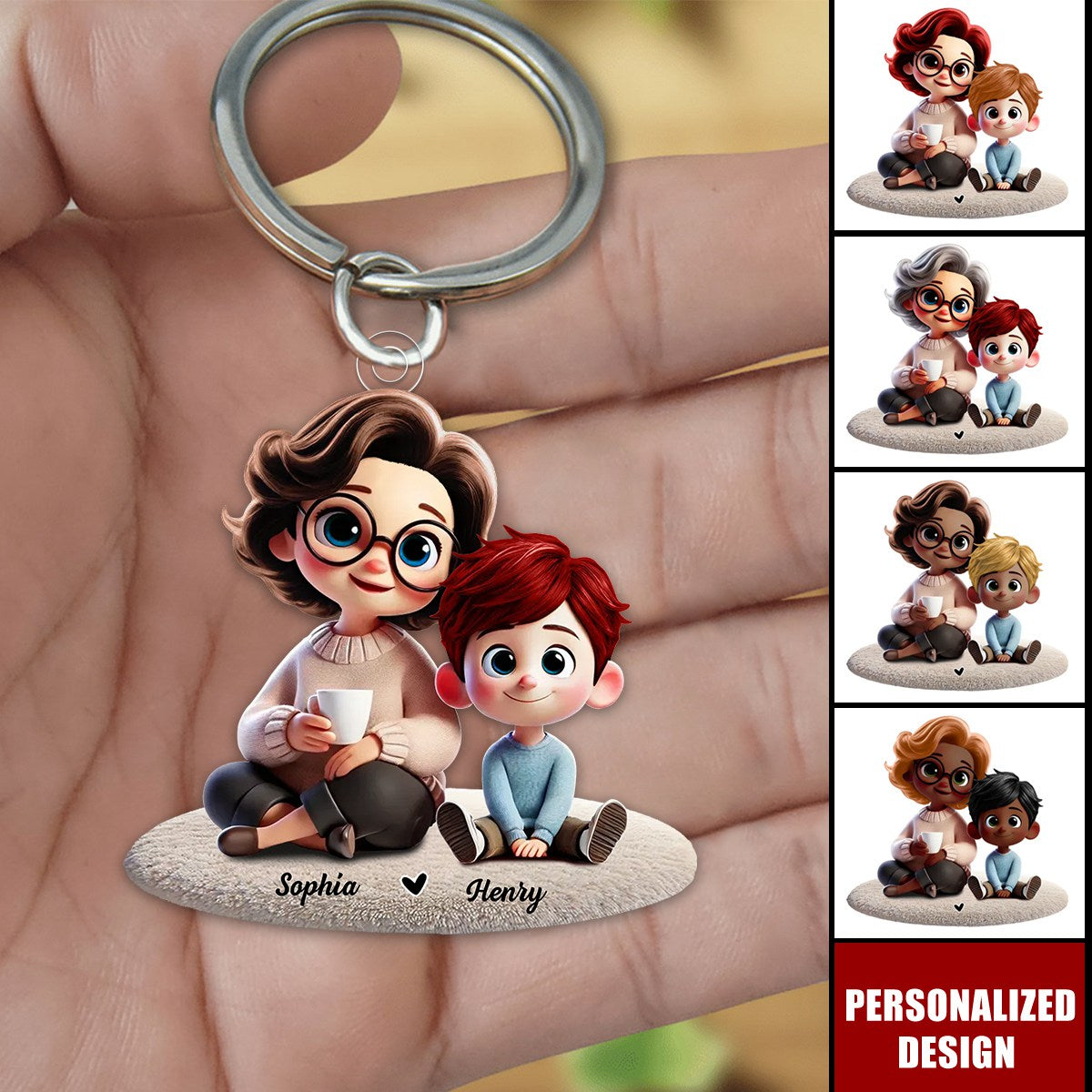 Happy Grandma & Grandkid Sitting-Personalized Keychain-Gift For Mom, For Grandma