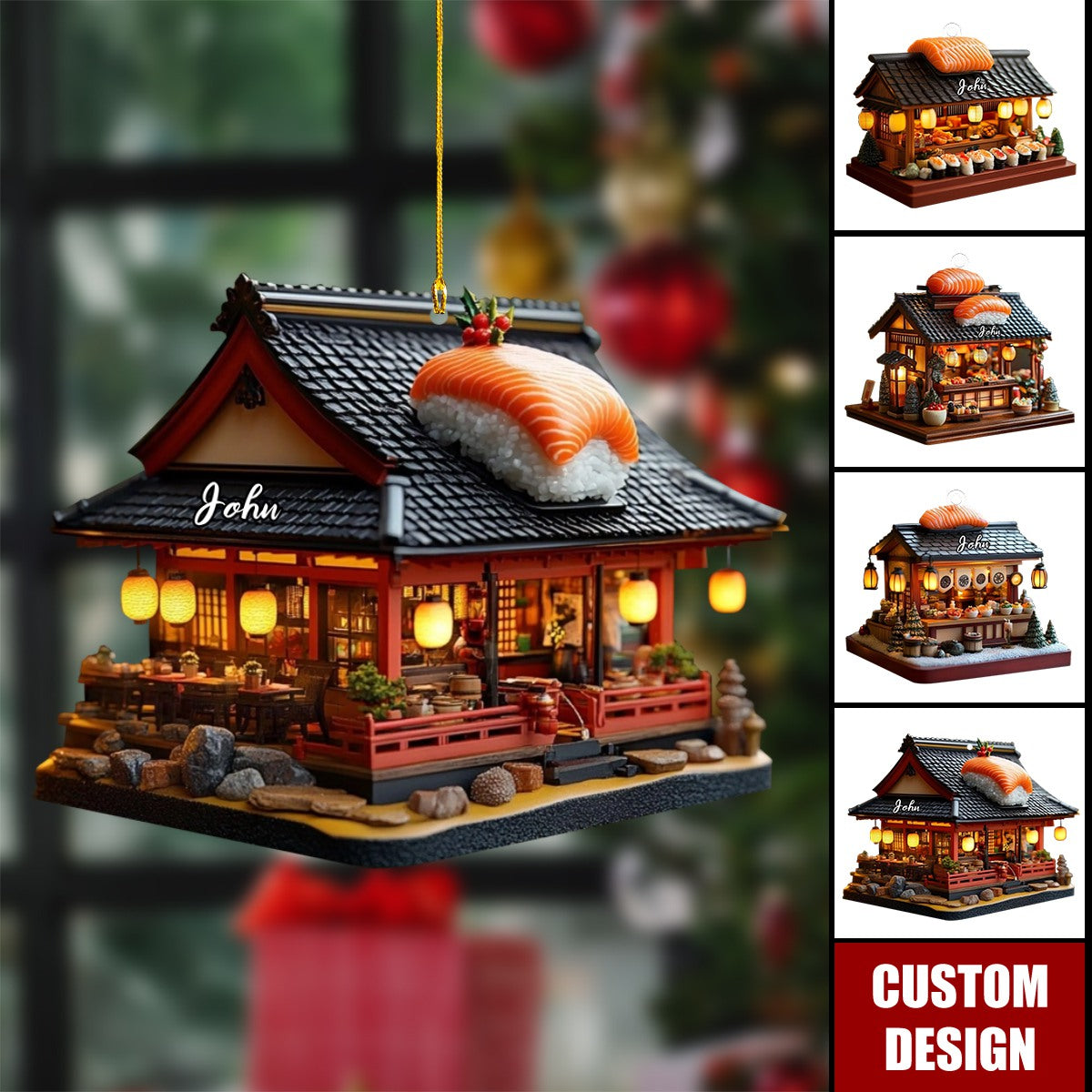Custom Japanese Sushi Shop Christmas Ornament, Miniature Holiday Market With Salmon & Bowls