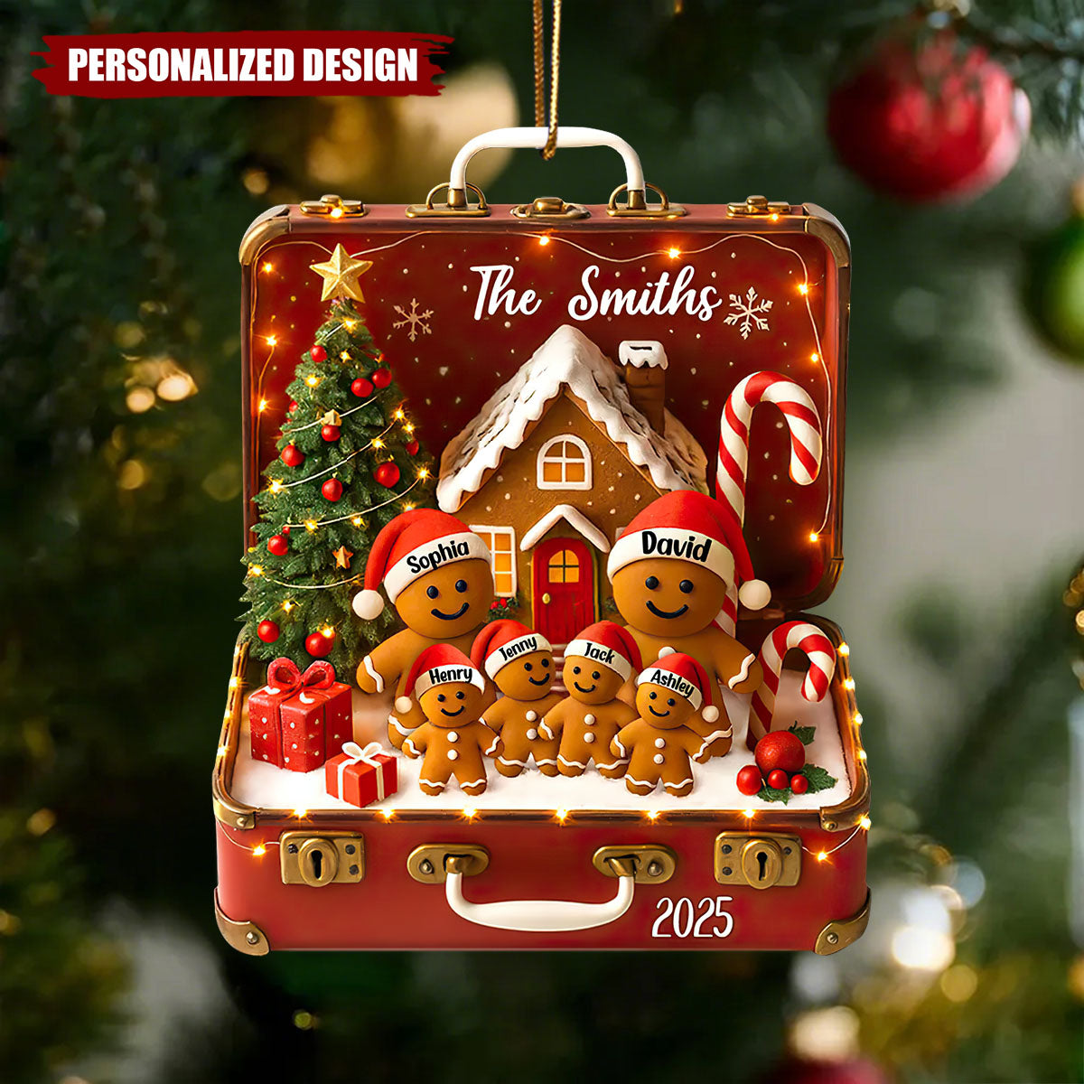 Gingerbread Family Vintage Suitcase-Personalized Acrylic Ornament
