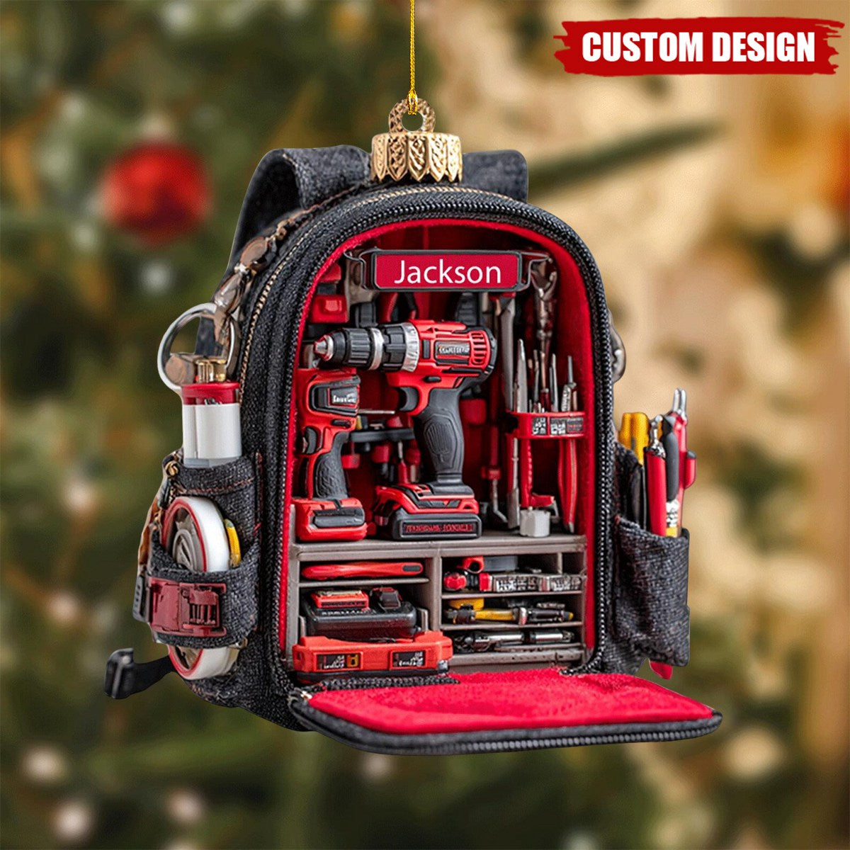 Personalized Tool Backpack Christmas Ornament – Custom Name Holiday Decor Gift for Carpenters, Handymen, and DIY Lovers,2D Flat Onament