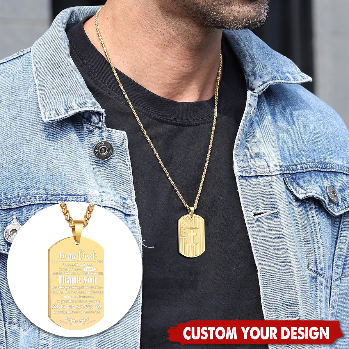 Personalized Christian American Flag Man Dog Tag Cross Necklace Father's Day Gifts