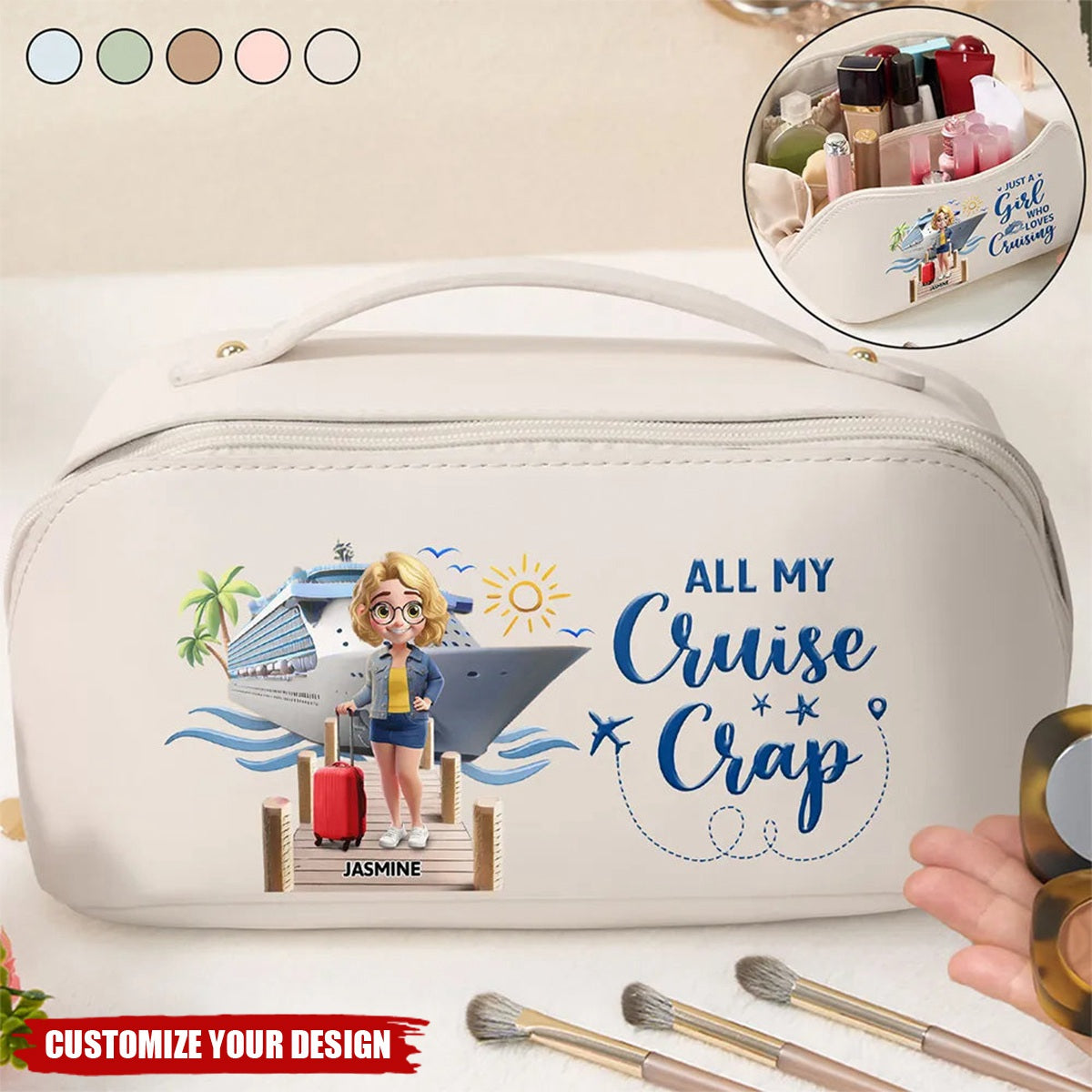 Travel All My Cruise Crap - Personalized Leather Makeup Bag