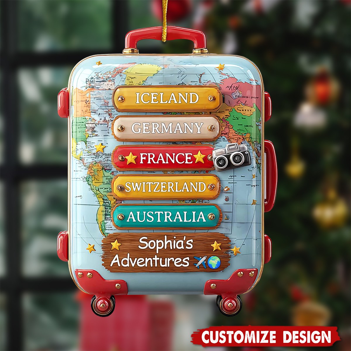 Personalized Travel Suitcase Christmas Ornament - Gift for Traveler and Explorer