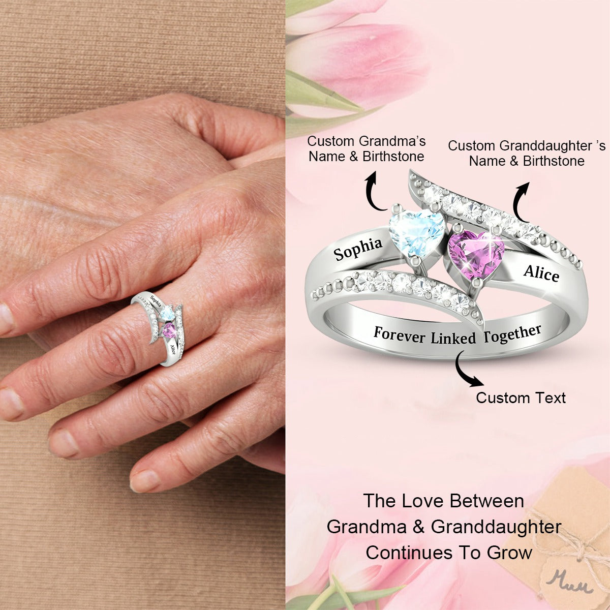 Forever Linked Together-Personalized Family Birthstones Ring-Gift For Grandma/Granddaughter