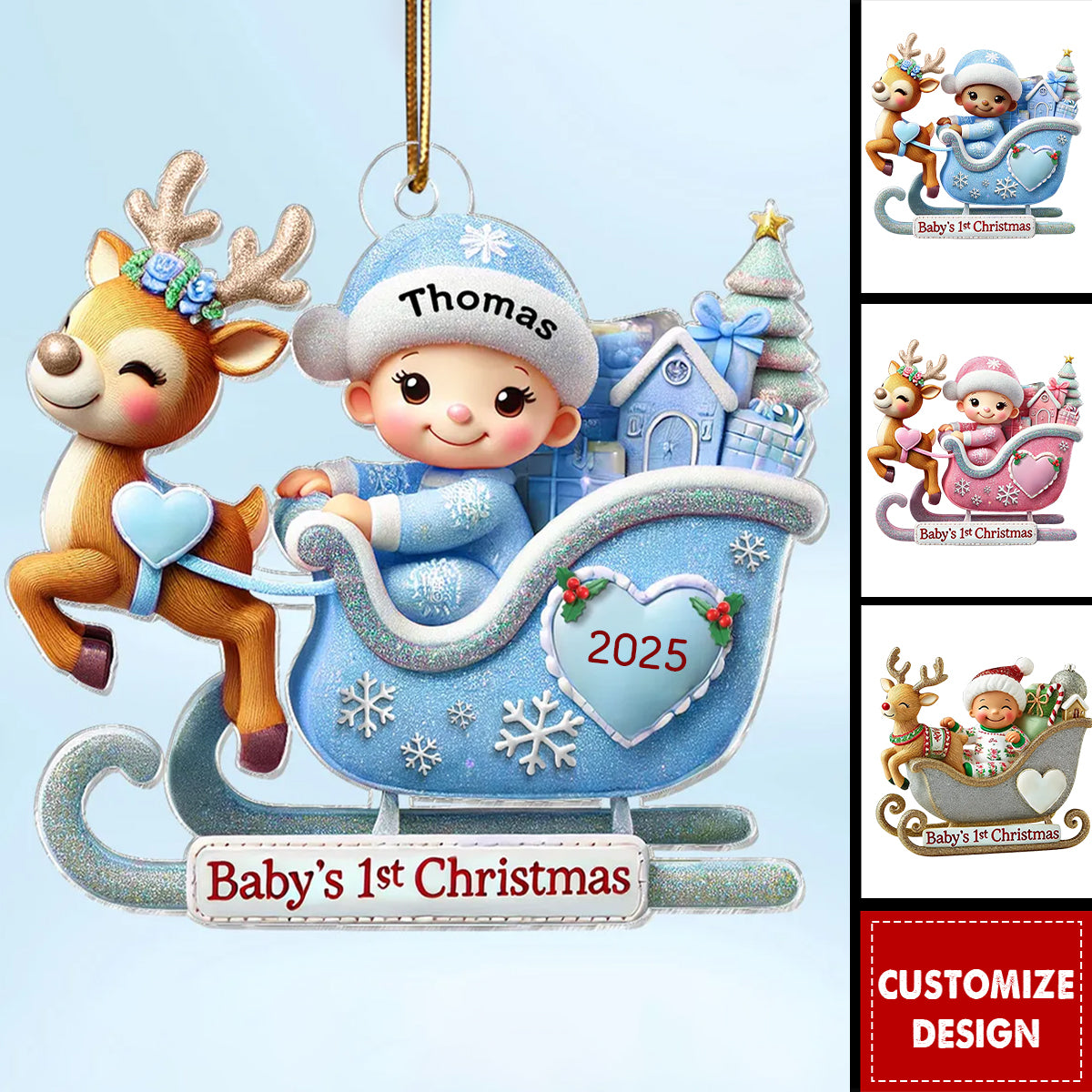 Baby First Christmas Newborn On Sleigh Keepsake Personalized Acrylic Ornament