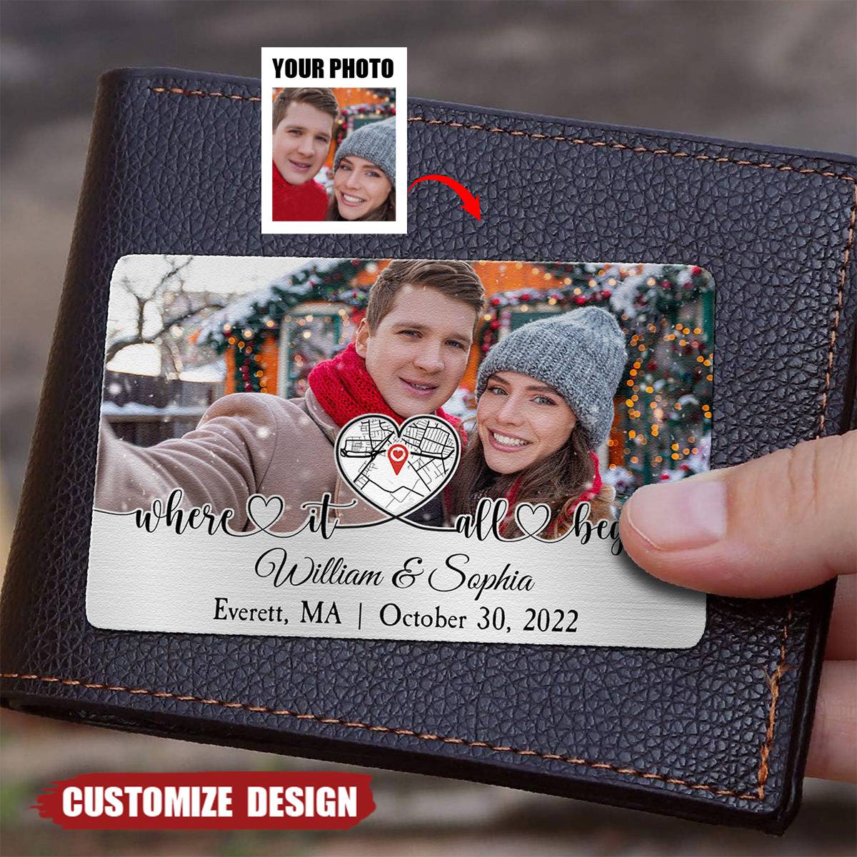 Where It All Began Location Map - Personalized Stainless Photo Wallet Card