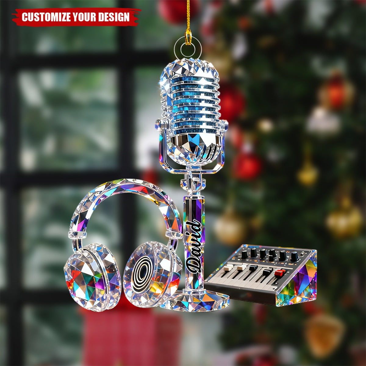 Personalized Stained Glass Microphone And Headphone Themed Ornament