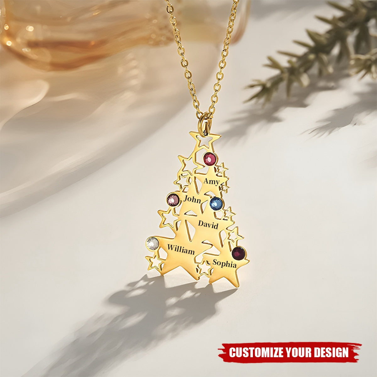 Personalized Dainty Star Christmas Tree Necklace with 1-5 Birthstones and Engraved Names Family Jewelry Christmas Birthday Gift for Women