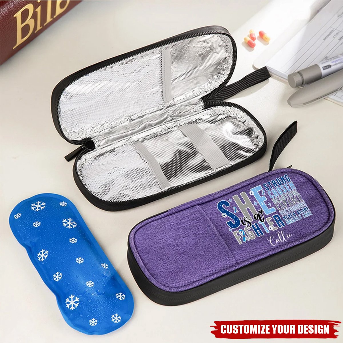 Personalised She Is A Fighter Bible Verses Insulated Insulin Pen Cooler Travel Case with Name Motivational Gift for Women Diabetics