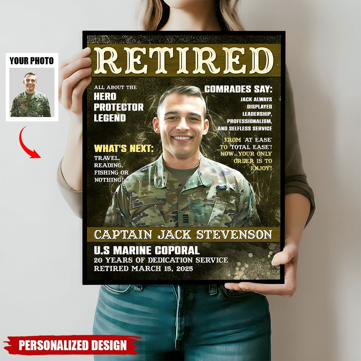 Personalized Army Magazine Cover Canvas Poster, Military Retirement Portrait Gift