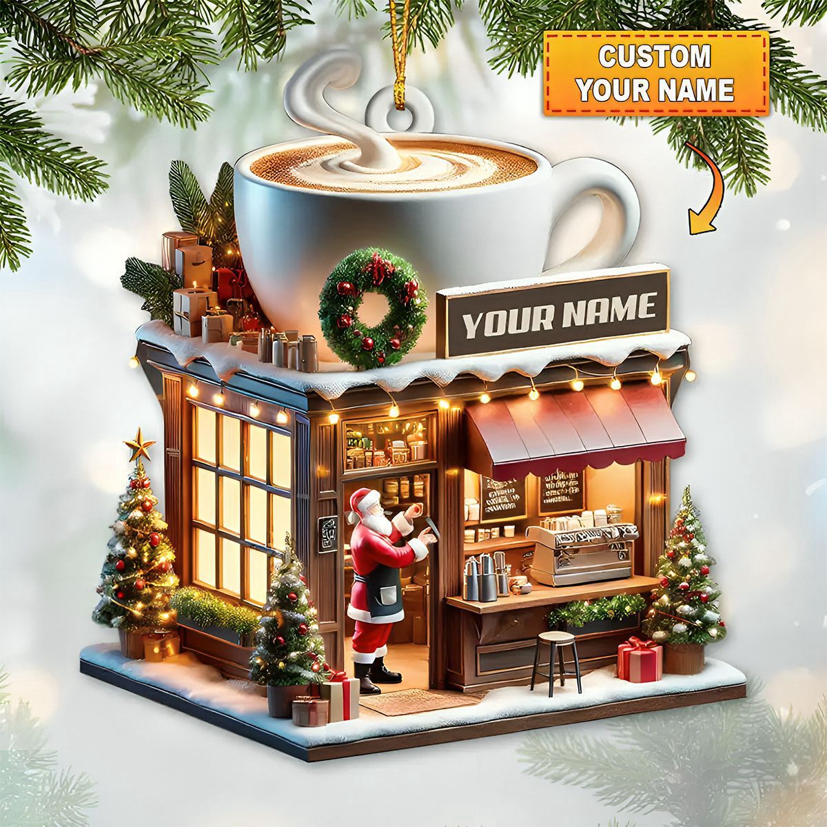Custom Name Coffee Shop Ornament, Coffee Love Christmas Gift