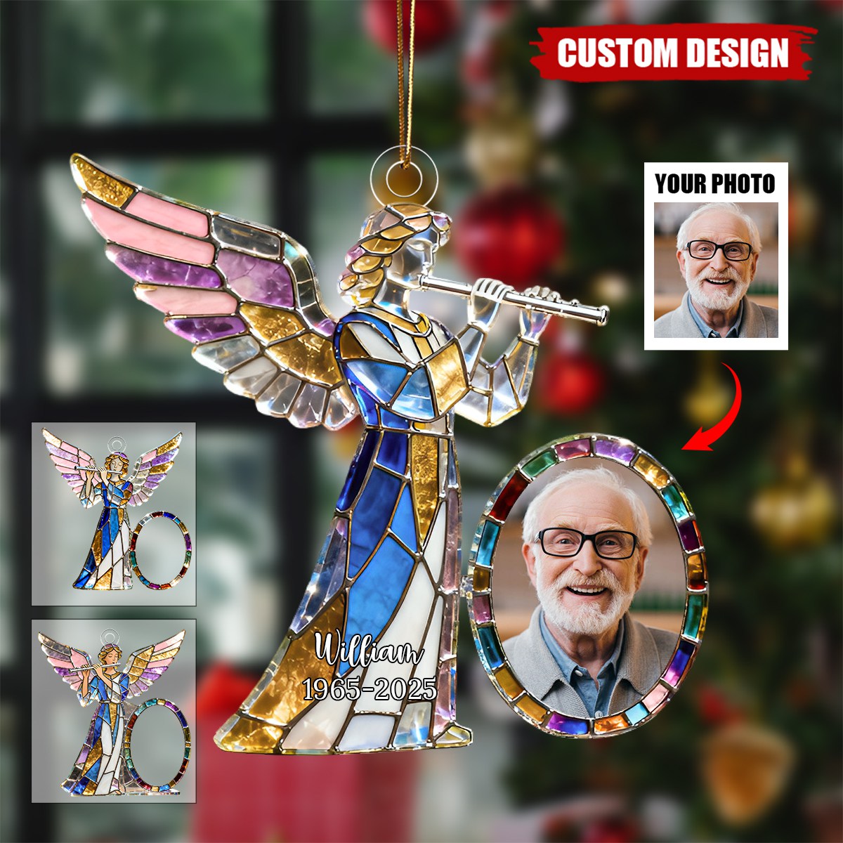 Personalized stained glass angel flute themed photo ornament