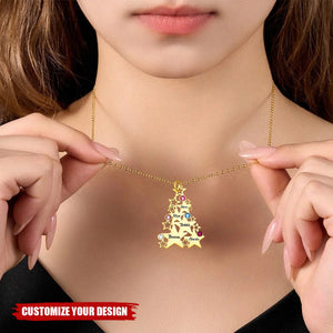 Personalized Dainty Star Christmas Tree Necklace with 1-5 Birthstones and Engraved Names Family Jewelry Christmas Birthday Gift for Women