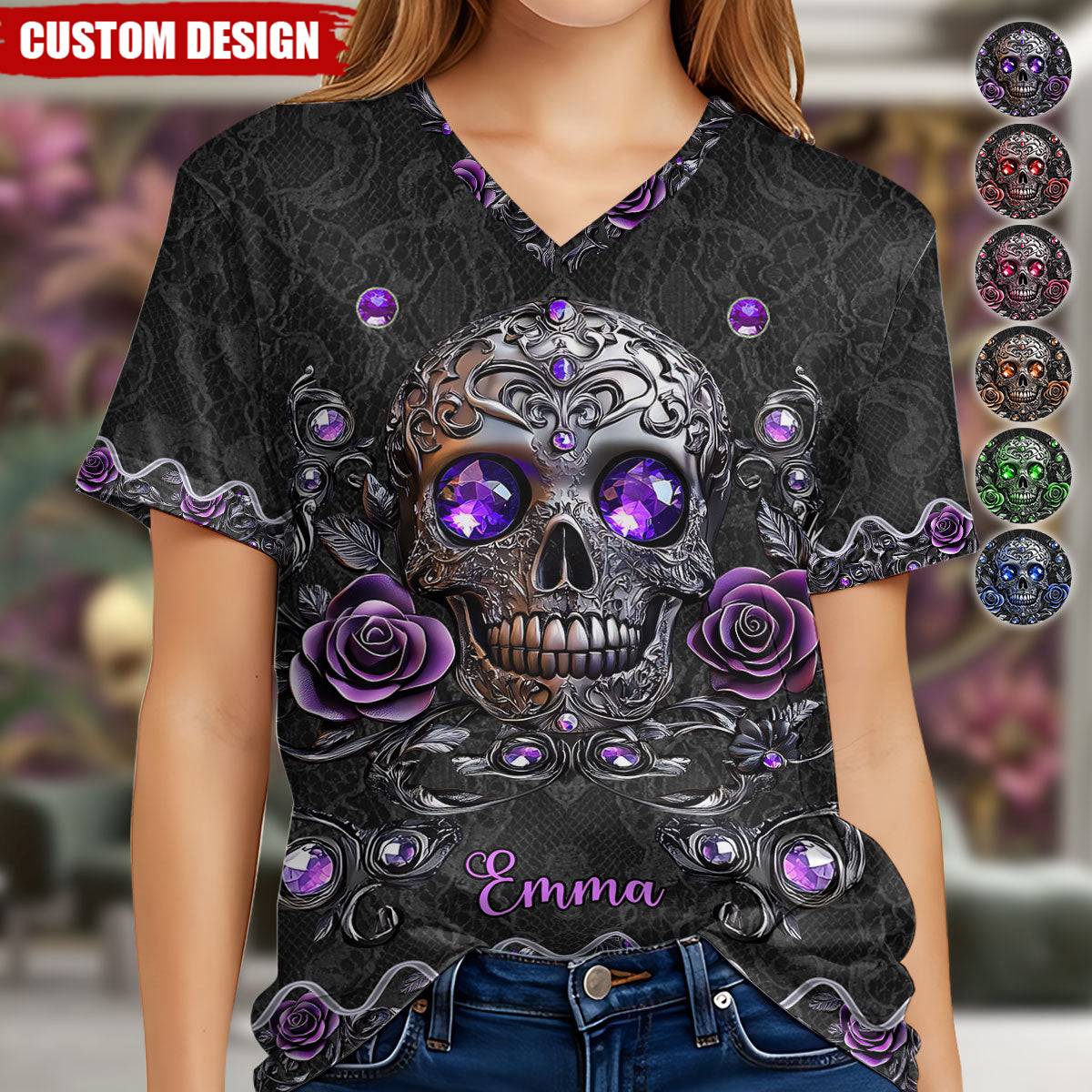 Beautiful Skull And Roses - Personalized Skull Fully Printed V-Neck T-Shirt