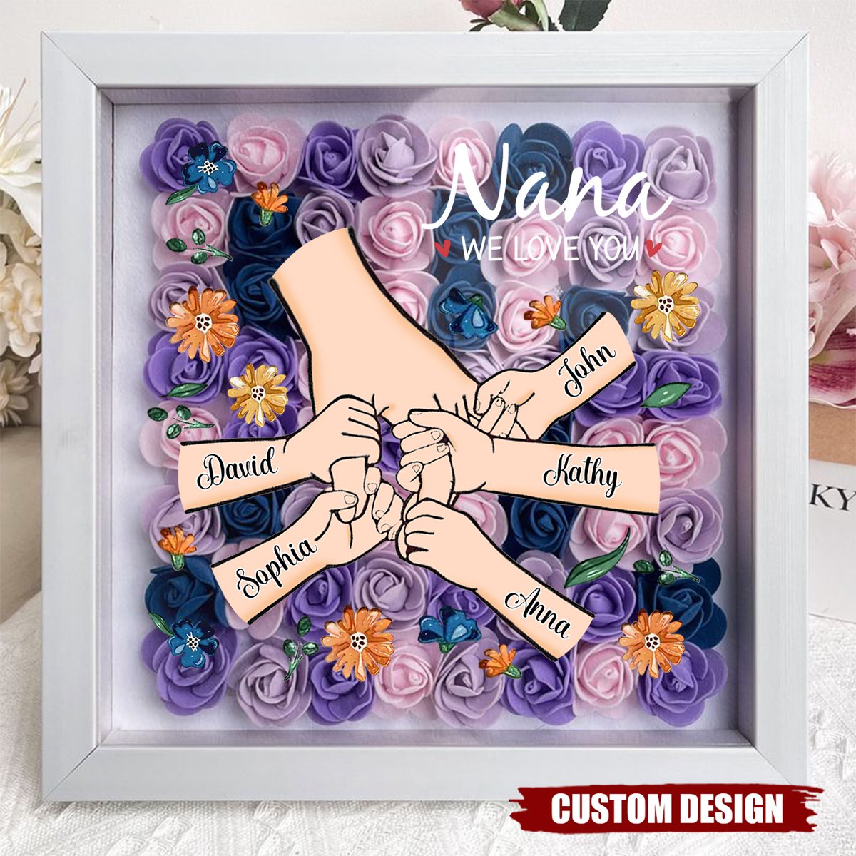 Grandma We Love You - Personalized Flower Shadow Box With Name, Mother's Day Gift