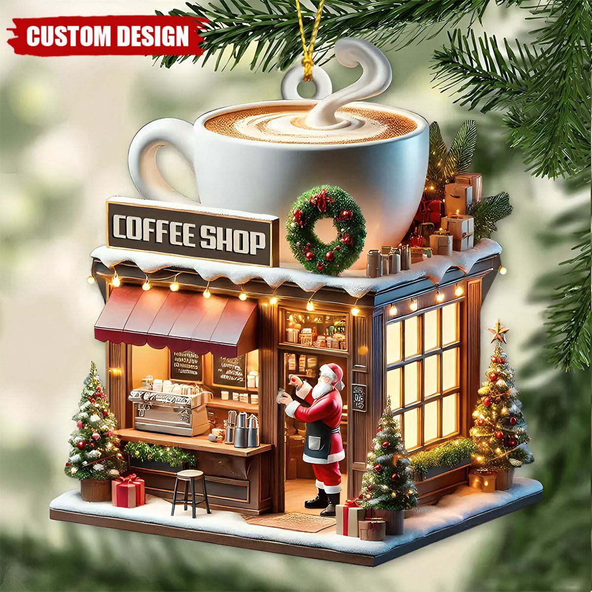 Custom Name Coffee Shop Ornament, Coffee Love Christmas Gift