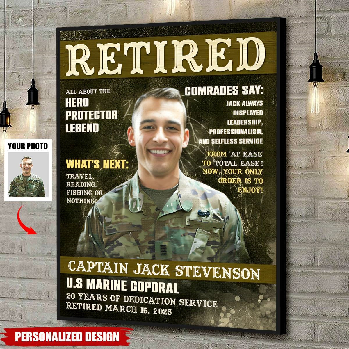 Personalized Army Magazine Cover Canvas Poster, Military Retirement Portrait Gift