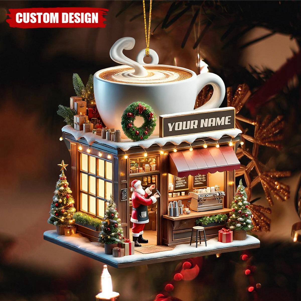 Custom Name Coffee Shop Ornament, Coffee Love Christmas Gift