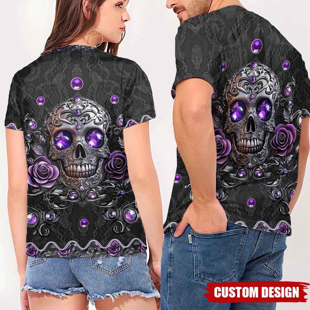 Beautiful Skull And Roses - Personalized Skull Fully Printed V-Neck T-Shirt