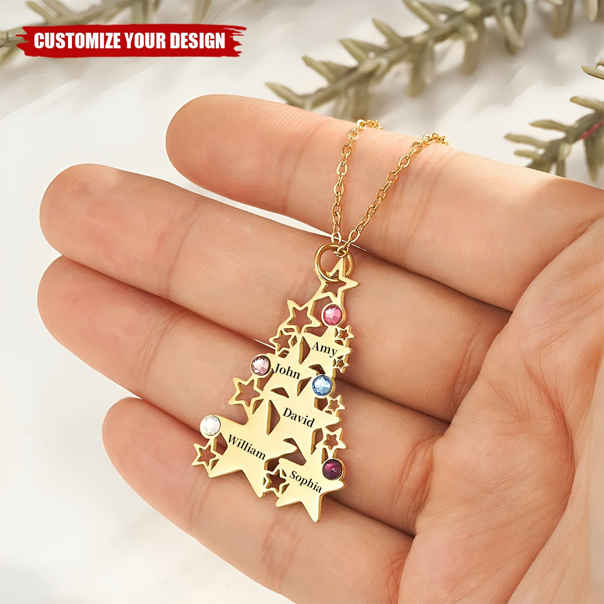 Personalized Dainty Star Christmas Tree Necklace with 1-5 Birthstones and Engraved Names Family Jewelry Christmas Birthday Gift for Women