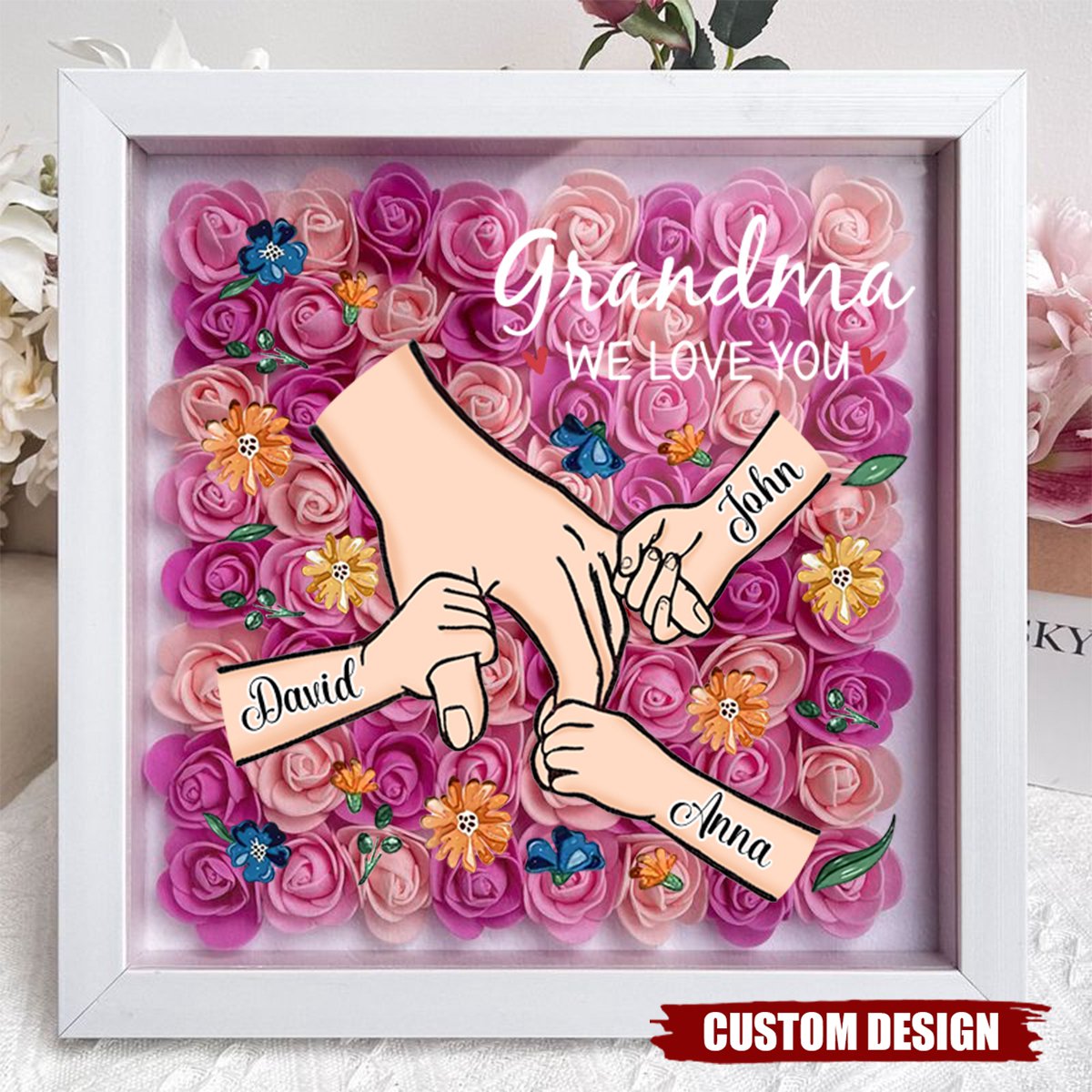 Grandma We Love You - Personalized Flower Shadow Box With Name, Mother's Day Gift